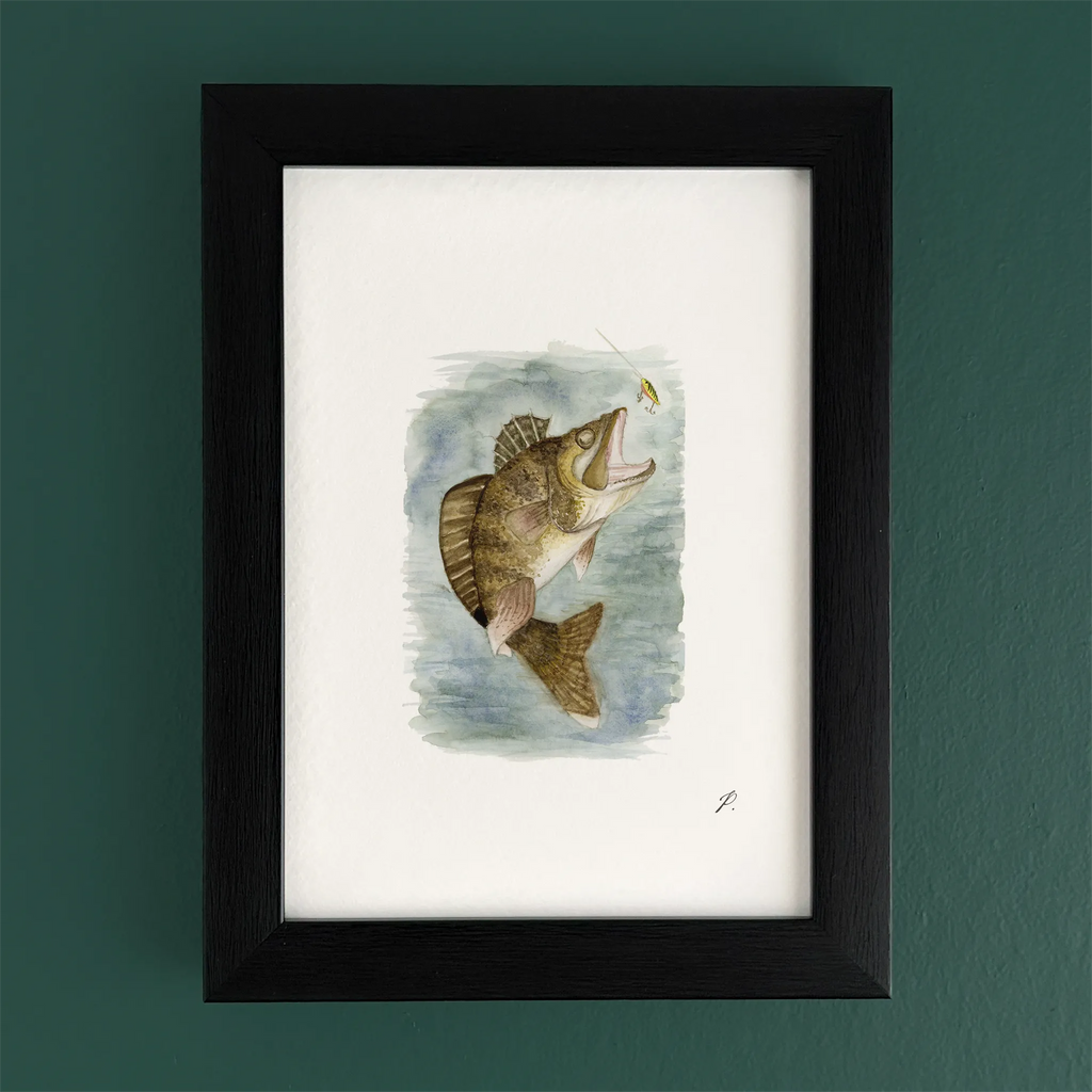 Art fairy magic illustration of a gold fish leaping from blue water, framed in a dark wooden border