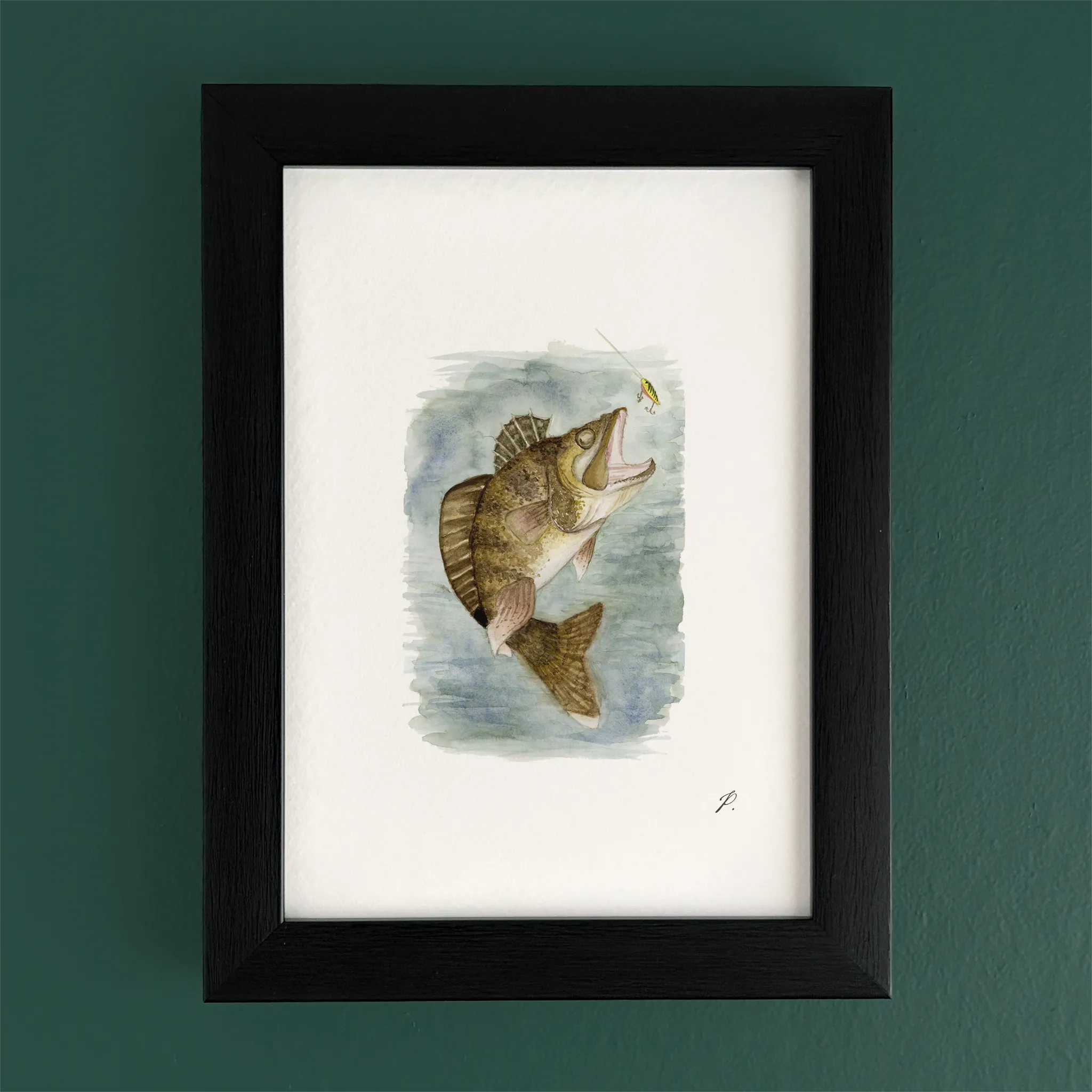 Art fairy magic illustration of a gold fish leaping from blue water, framed in a dark wooden border