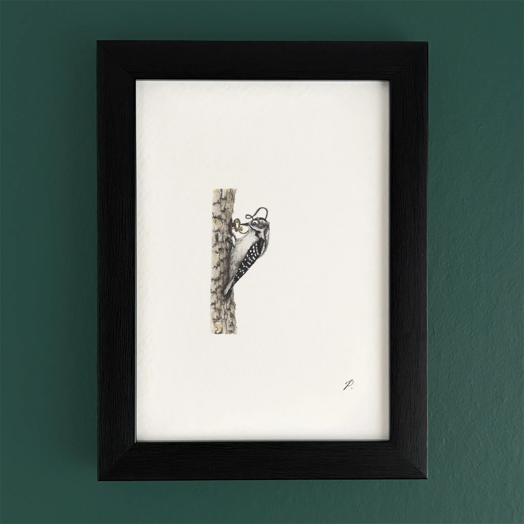 Art fairy magic illustration inside a dark wooden frame, showing a small figure and wand-like shapes