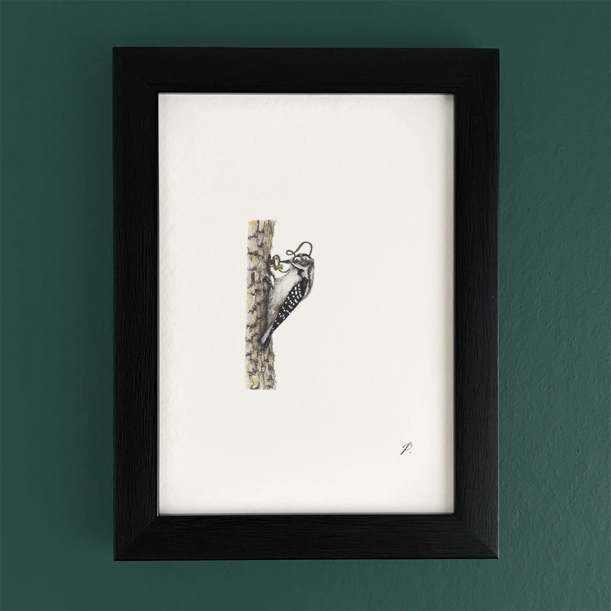 Art fairy magic illustration inside a dark wooden frame, showing a small figure and wand-like shapes