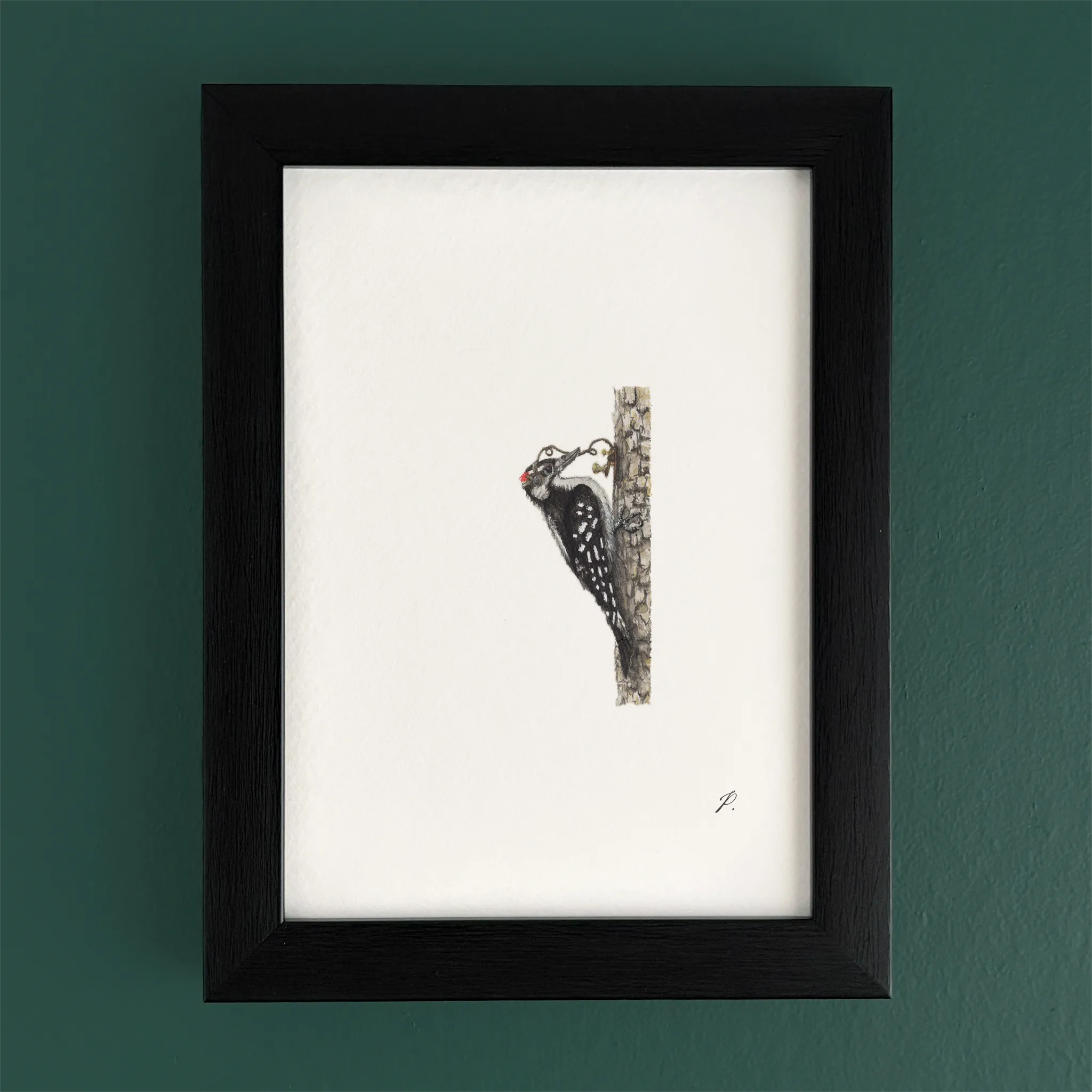 Art fairy magic illustration in a black frame, showing a small figure peeking from behind a stone wall