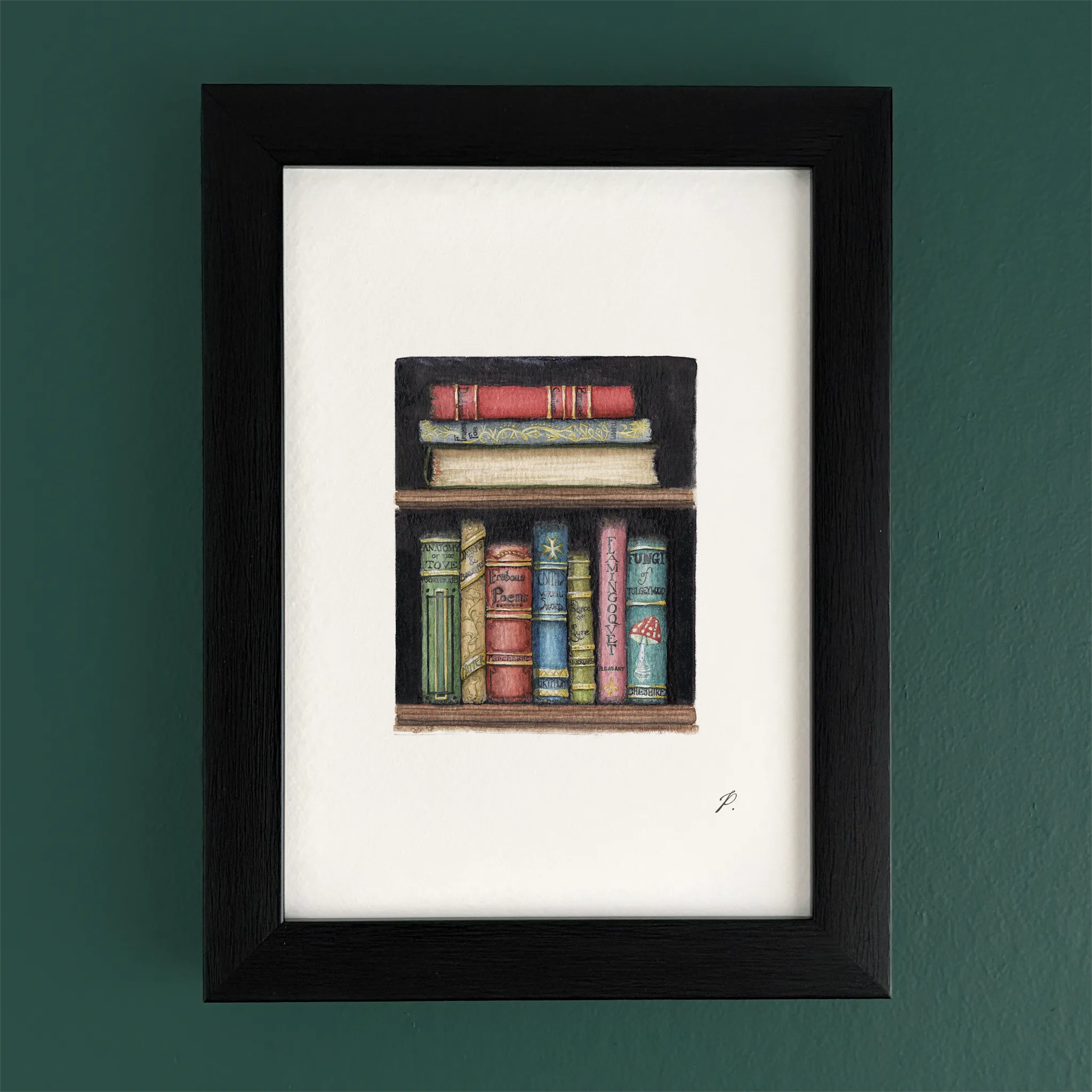 Art print in a black frame showing Magic and Fairy themed stacked books on a shelf