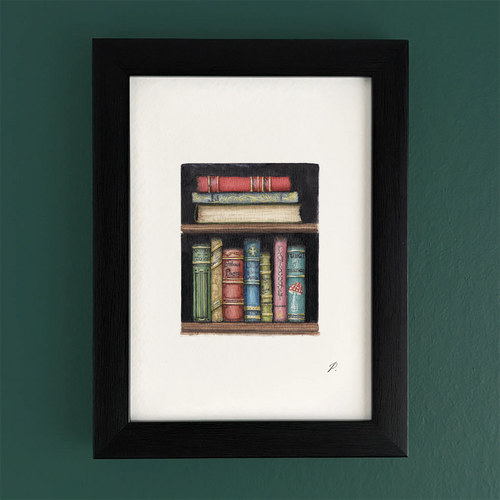 Art print in a black frame showing Magic and Fairy themed stacked books on a shelf