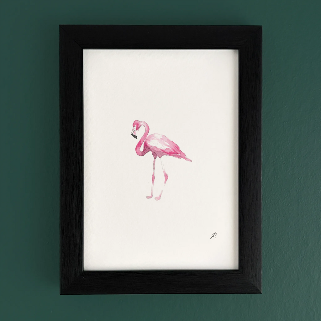 Art fairy magic illustration of a pink flamingo in a black frame on a teal wall