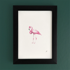 Art fairy magic illustration of a pink flamingo in a black frame on a teal wall