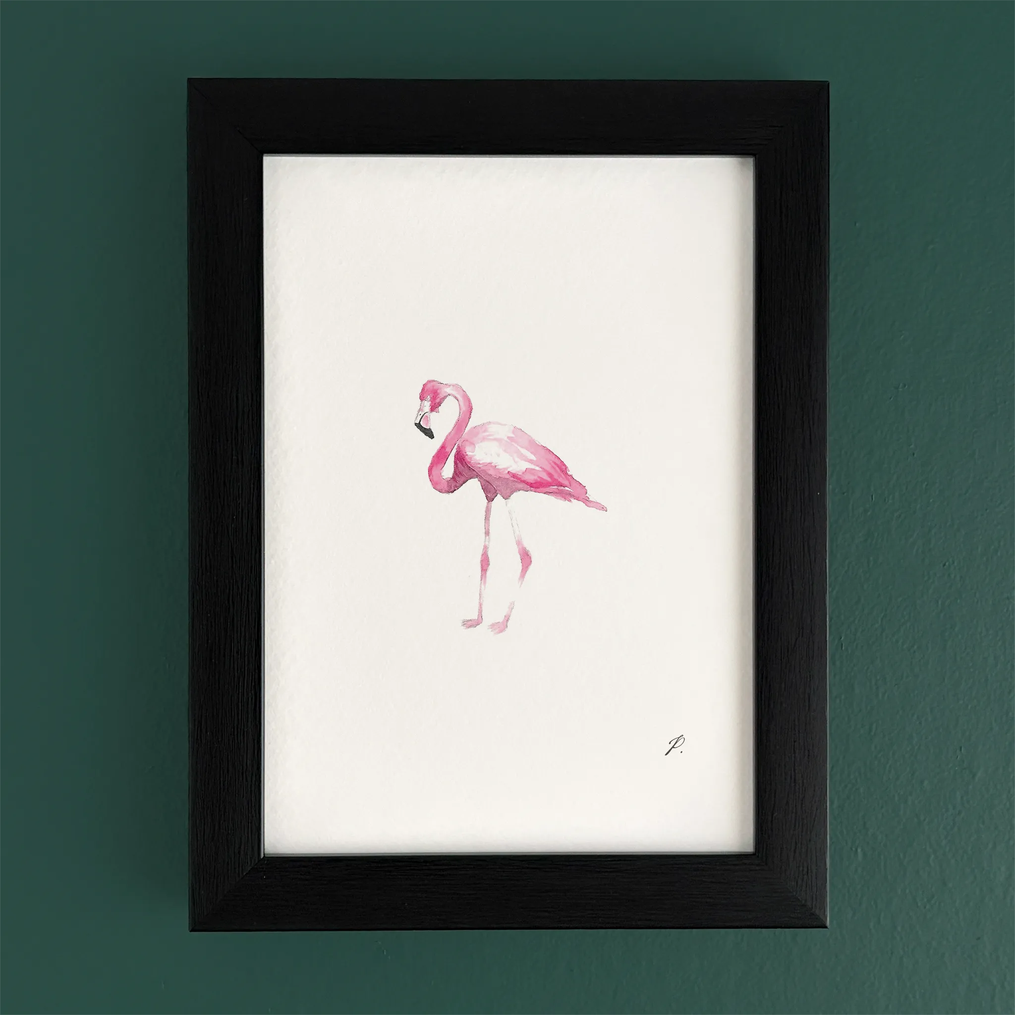 Art fairy magic illustration of a pink flamingo in a black frame on a teal wall