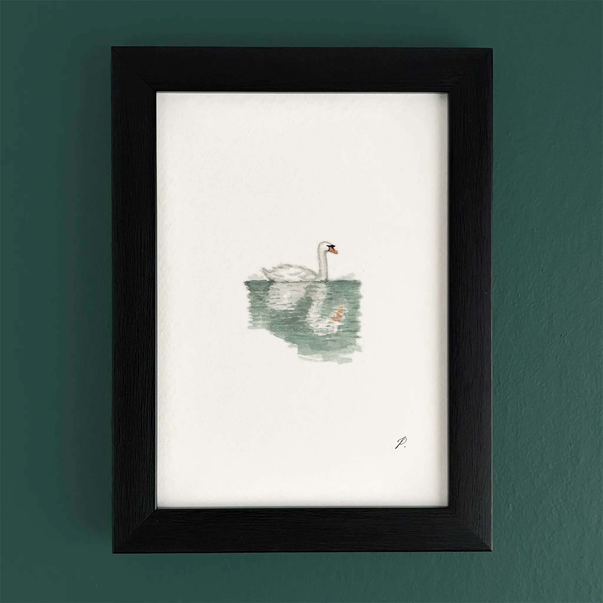 Art fairy magic illustration in a dark wooden frame, showing a swan floating on green water