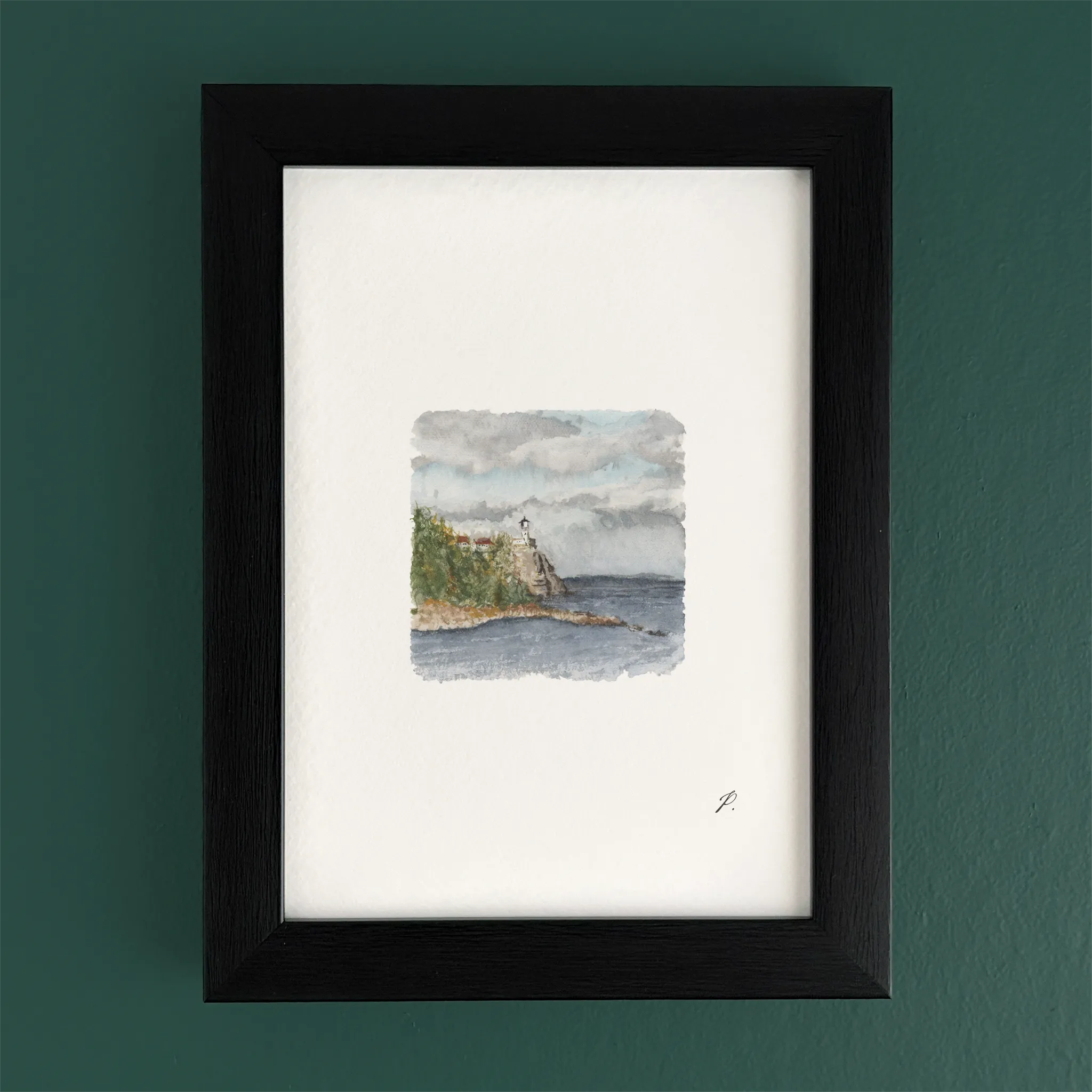 Art fairy magic theme watercolor landscape inside a dark wooden frame on a green wall