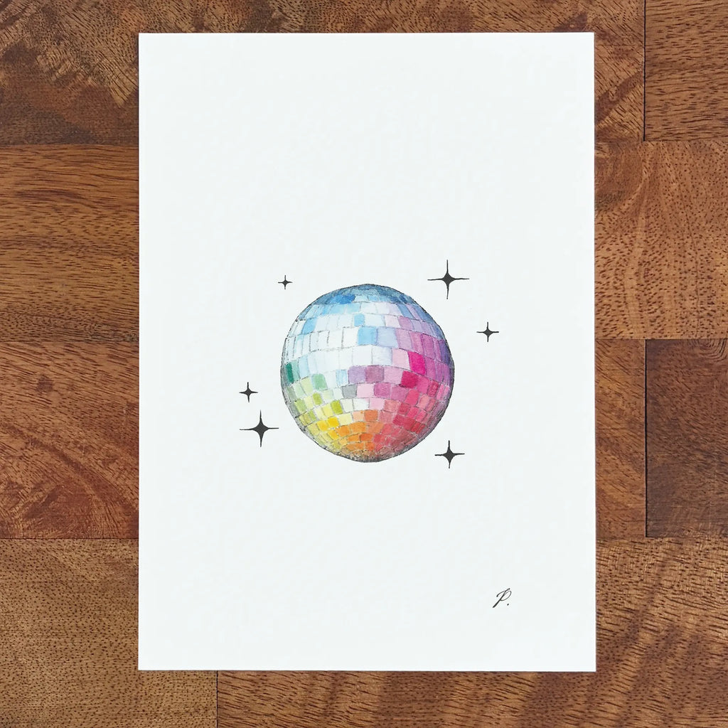 Art fairy magic illustration on a white paper sheet, featuring a rainbow disco egg with star sparkles