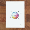 Art fairy magic illustration on a white paper sheet, featuring a rainbow disco egg with star sparkles