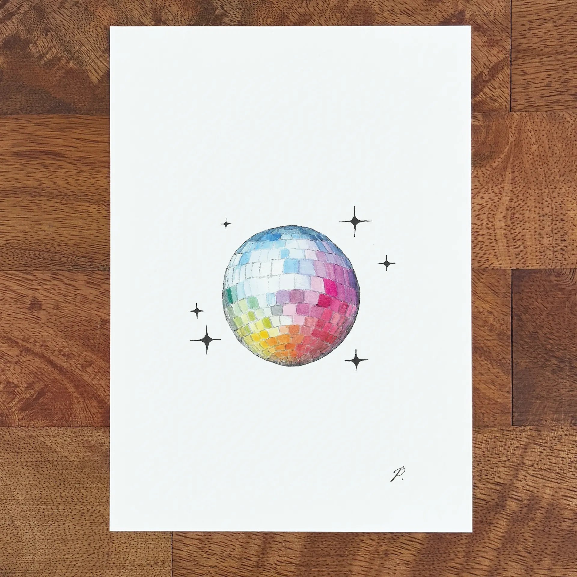Art fairy magic illustration on a white paper sheet, featuring a rainbow disco egg with star sparkles