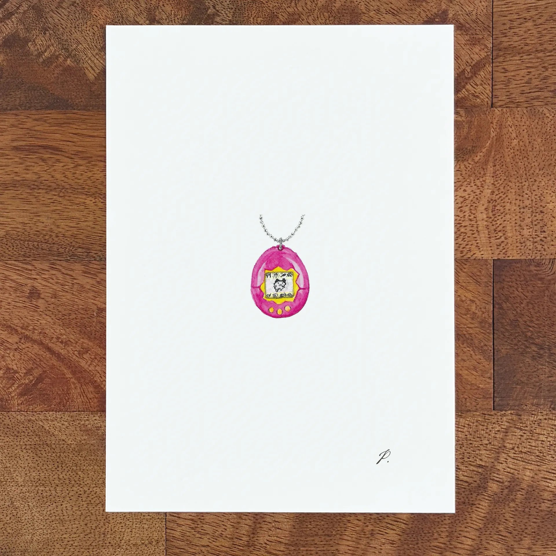 Art fairy magic pendant necklace with a silver chain and a pink oval charm on a white card