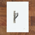 Art fairy magic sketch on a white card, showing a small figure peeking from a textured gray tree