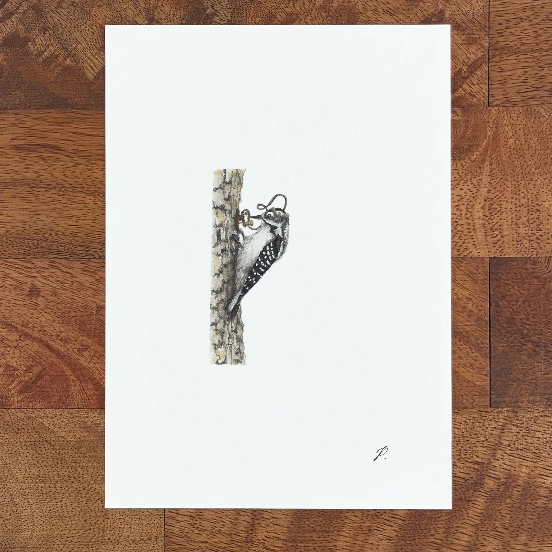 Art fairy magic sketch on a white card, showing a small figure peeking from a textured gray tree