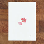 Art on white paper shows a small pink fairy flower with a dark stem on a wooden table