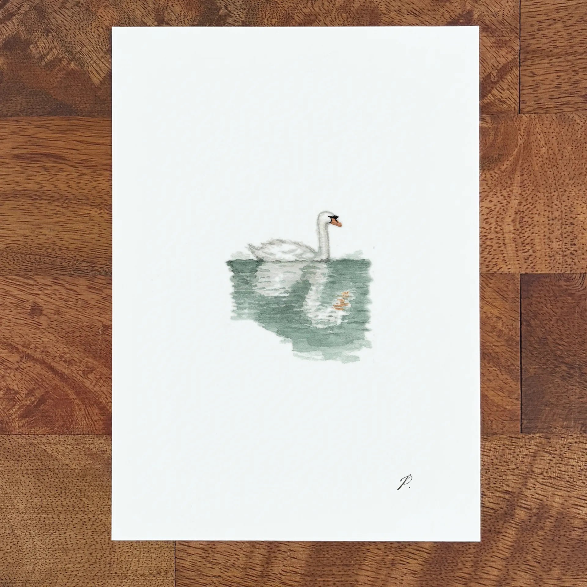Art of a fairy swan in a watercolor pond, with soft green ripples and a small magical splash